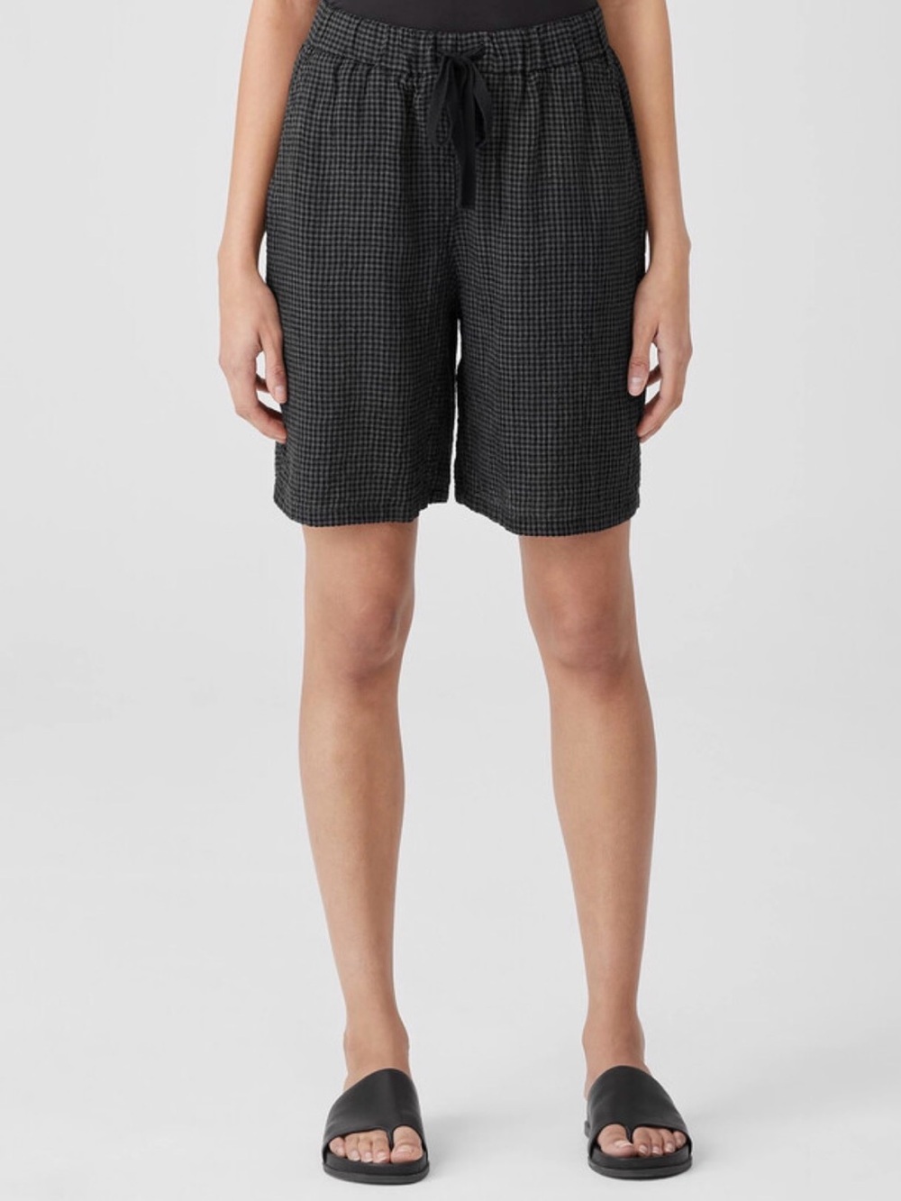 Eileen Fisher Puckered Organic Linen Shorts Black Gray Gingham Check M